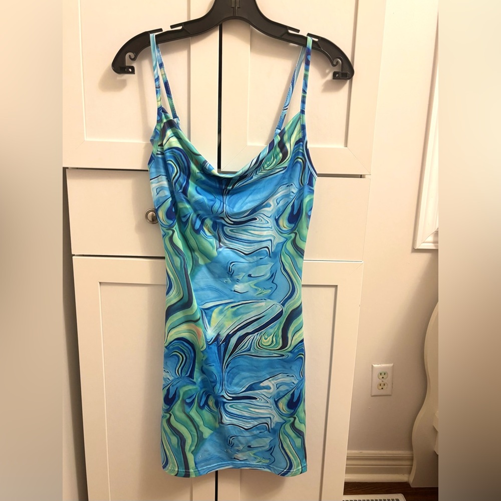 Marbled Swirl Cowl Neck Dress